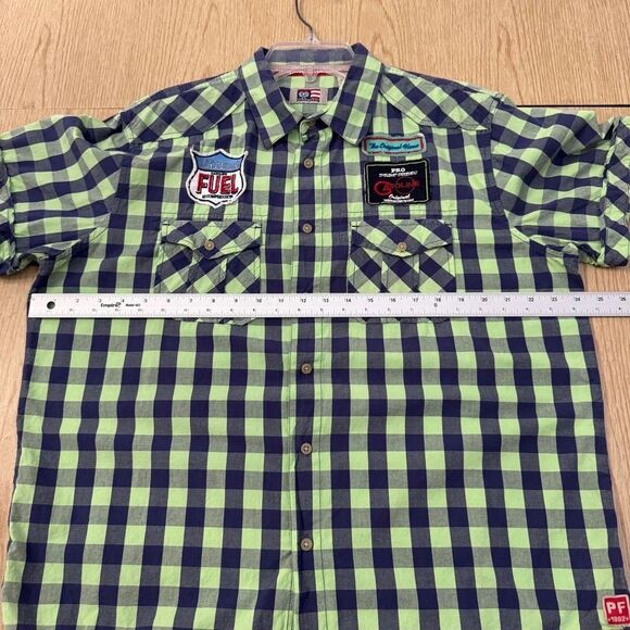 Phat Farm XL Plaid Racing Patch Shirt Neon Green Navy Streetwear 90s Y2K - Picture 11 of 13